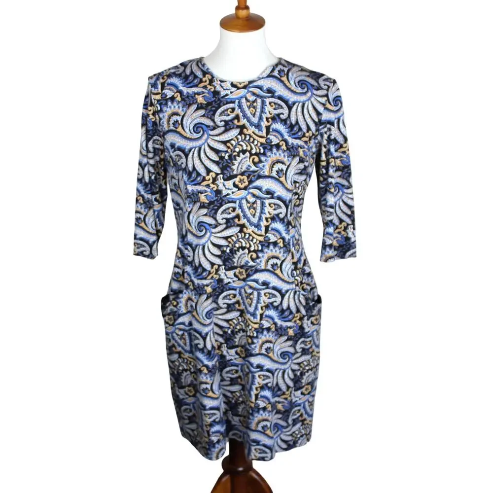 J McLaughlin Paisley Dress Womens Large Blue Pockets Stretch Summer Resort Golf